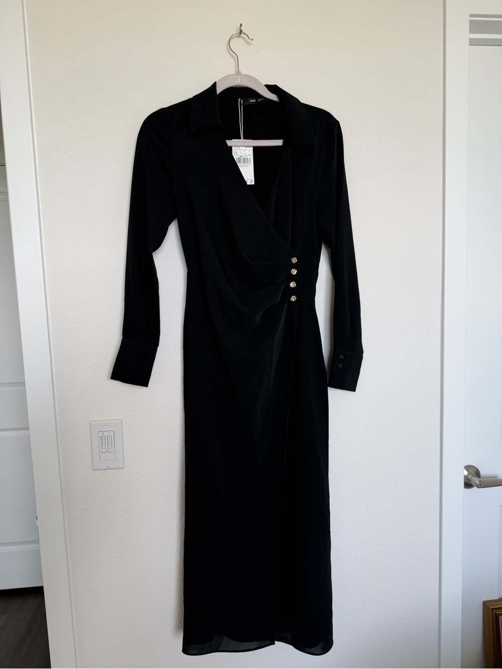 NWT Mango Black Wrap Maxi Dress with Gold Buttons Size XS